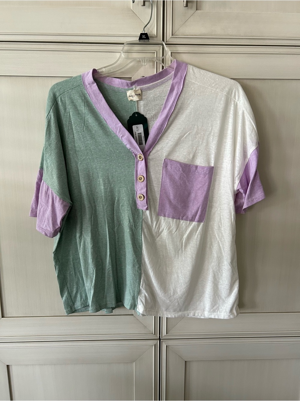 Lovely Melody Lilac, Sage & White Colorblock Henley Tee - Kids